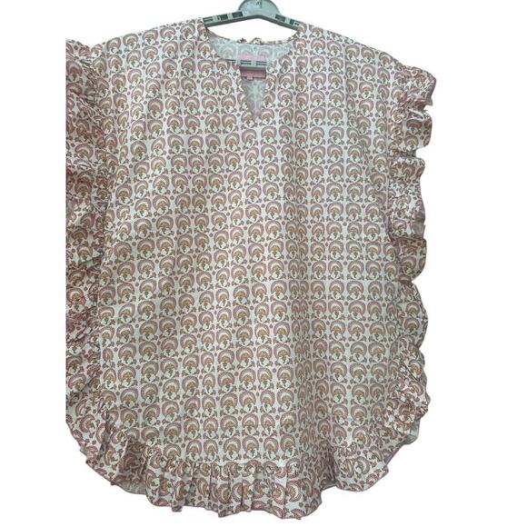 Quiet Culture Cotton Poplin Lounge Dress Pink Green Geometric Ruffle Trim NWT - Picture 2 of 6